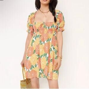 House Of Harlow | 100% Linen Sundress Floral Yellow Puff Sleeve Mini Dress M